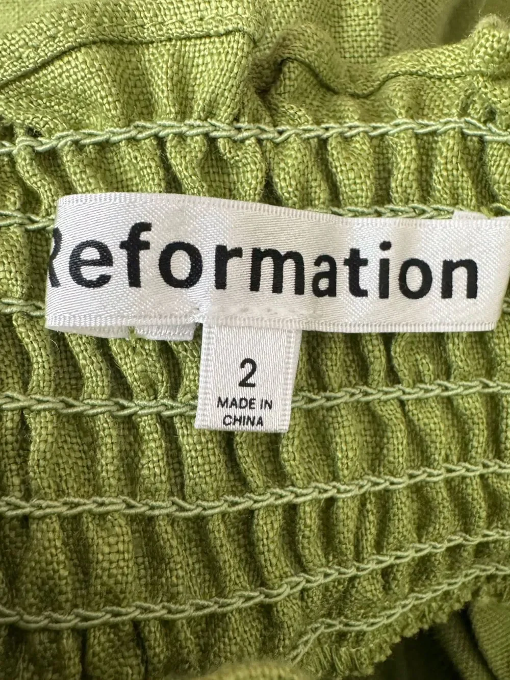 NWT REFORMATION Vera Linen two piece pant set in “avocado” green